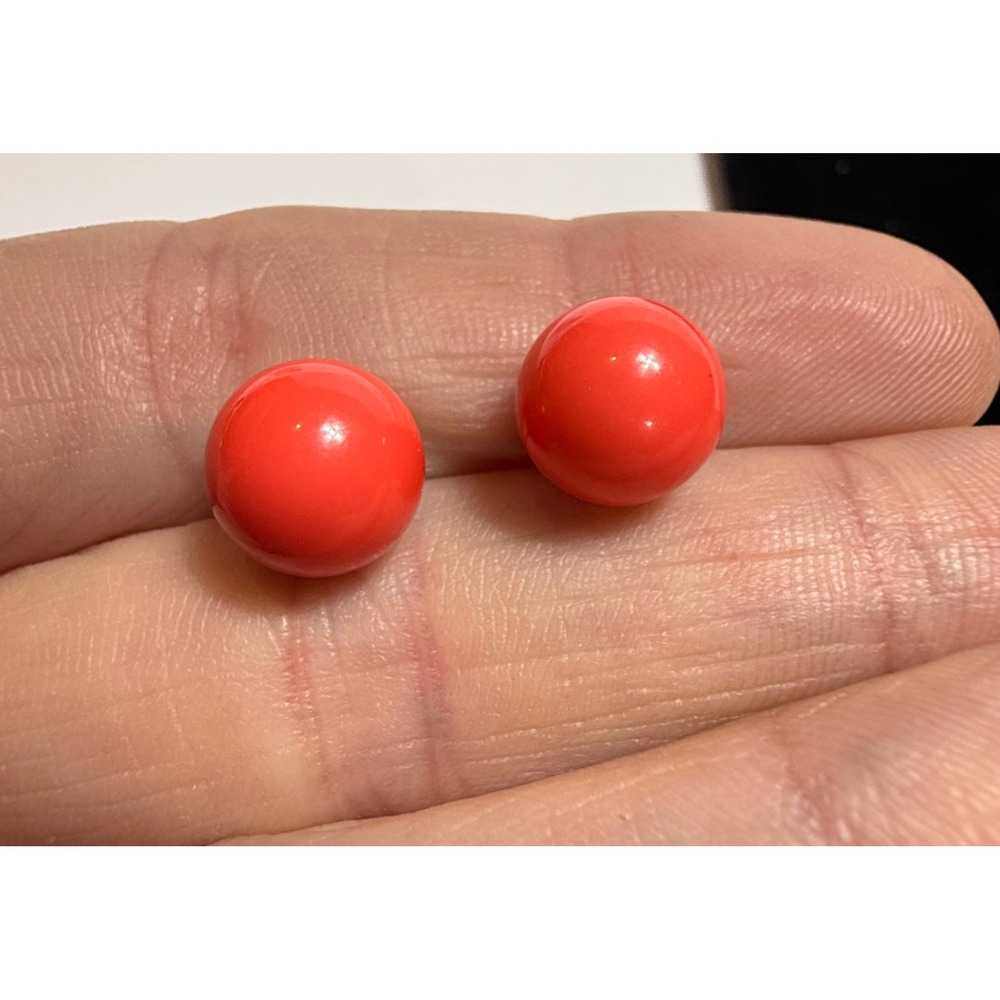 Coral Red Ball Stud Earrings Round Glossy Sphere Minimalist Pierced Jewelry